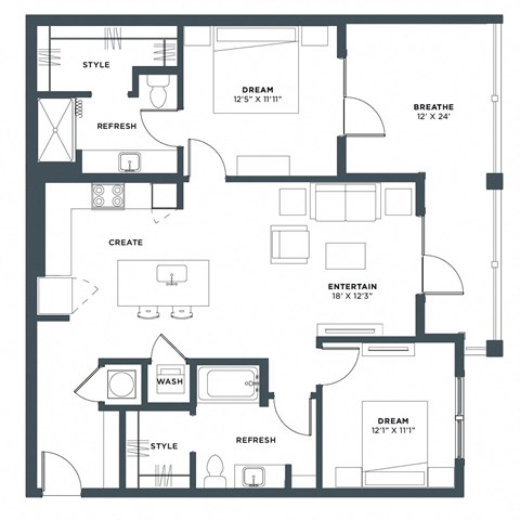 Floor plan for 2 beds, 2 baths, 1057 sqft