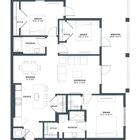 Floor plan for 3 beds, 2 baths, 1325 sqft