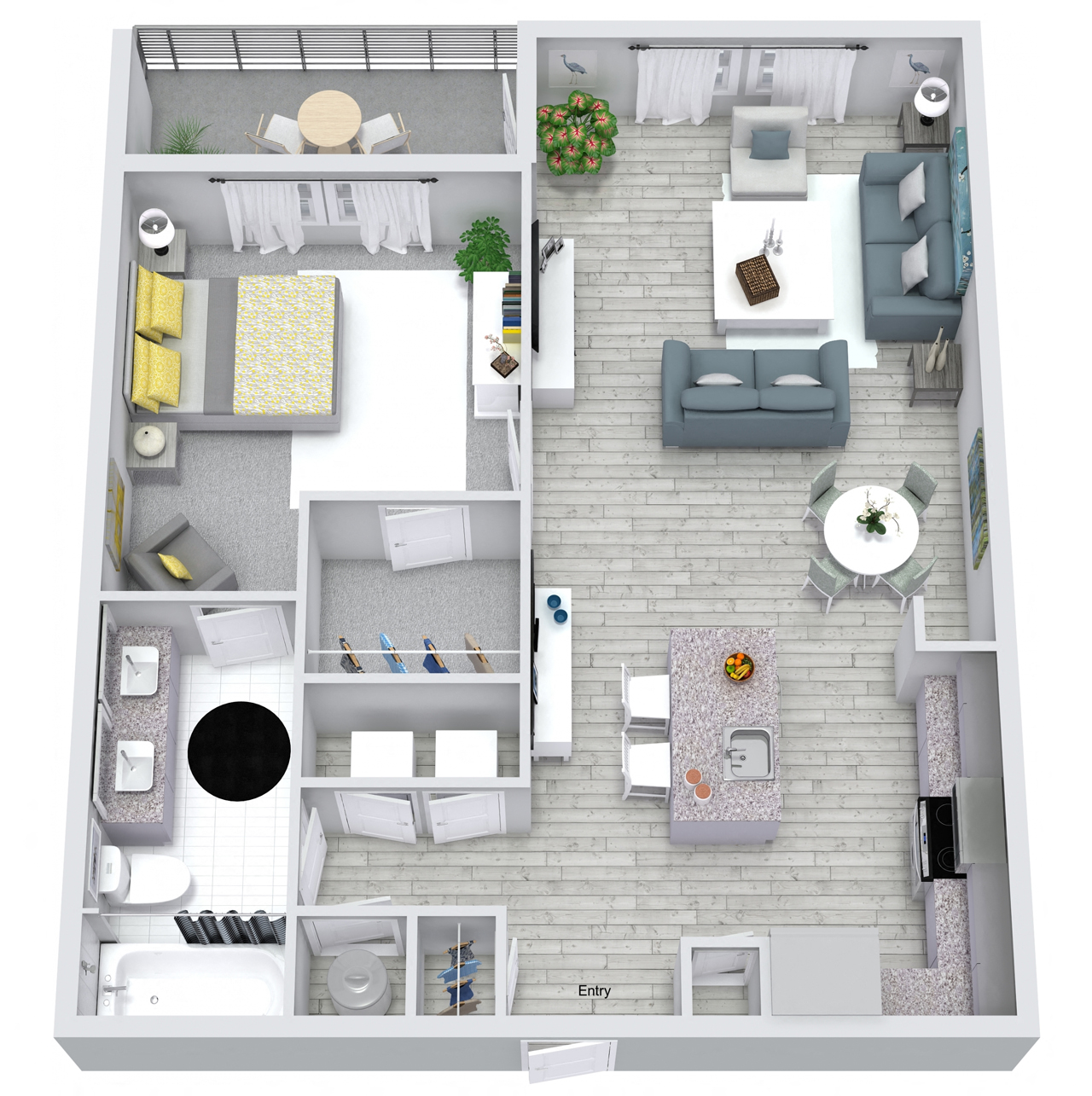 Floor plan for 1 bed, 1 bath, 805 sqft