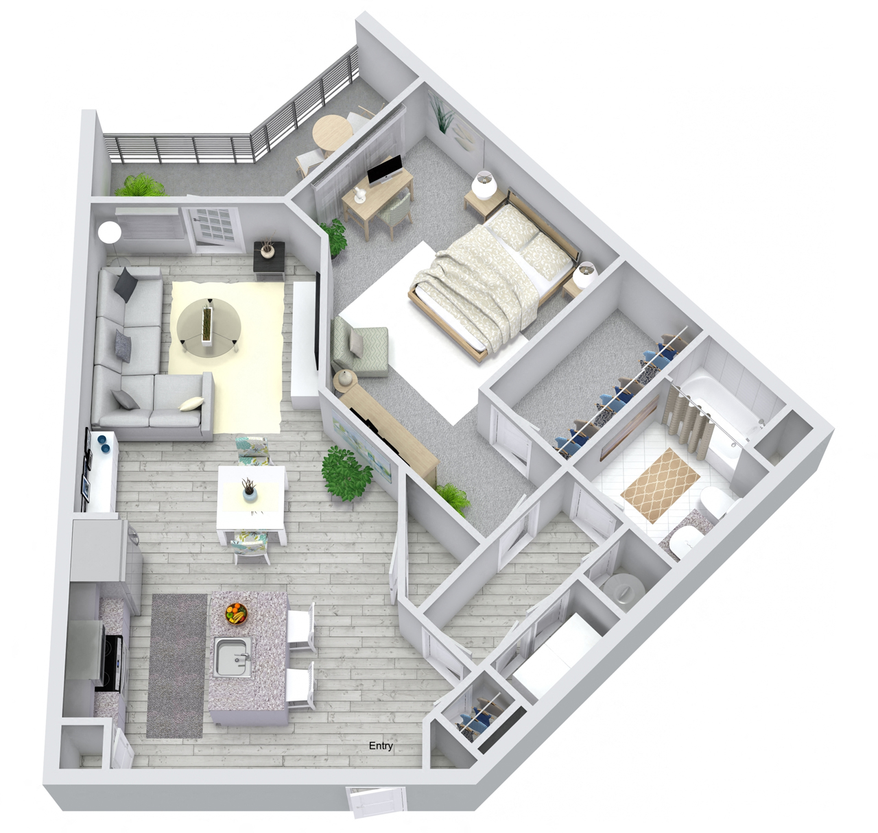 Floor plan for 1 bed, 1 bath, 874 sqft