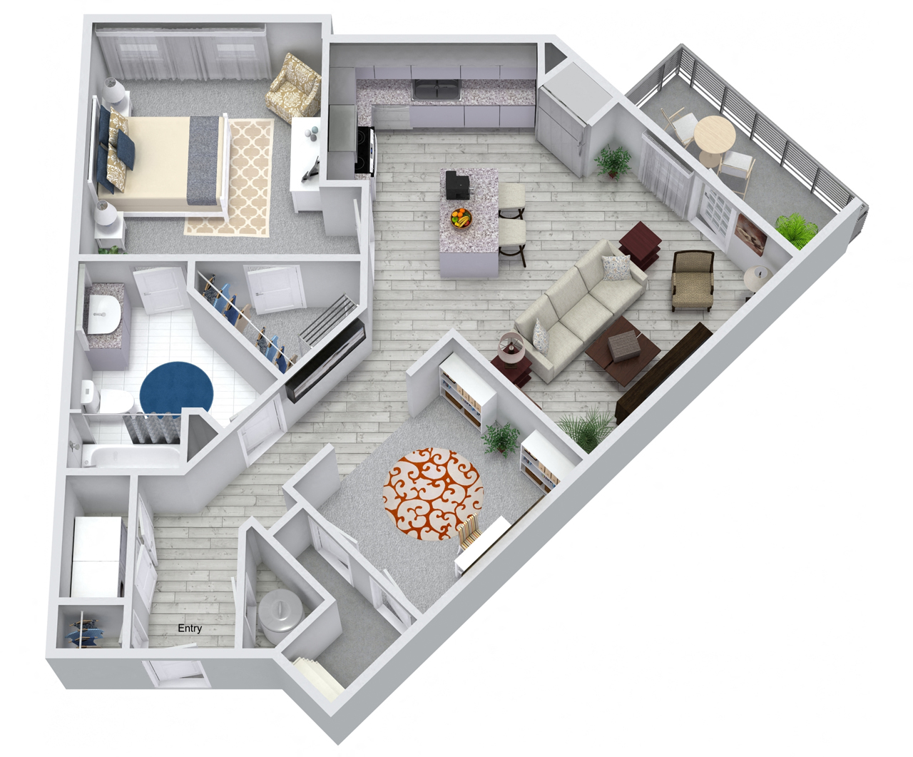 Floor plan for 1 bed, 1 bath, 892 sqft