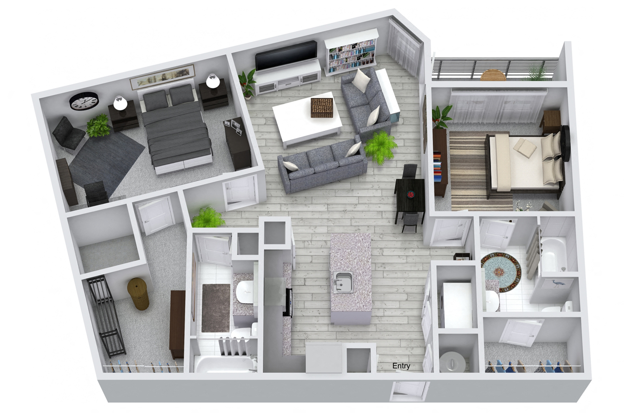 Floor plan for 2 beds, 2 baths, 1275 sqft