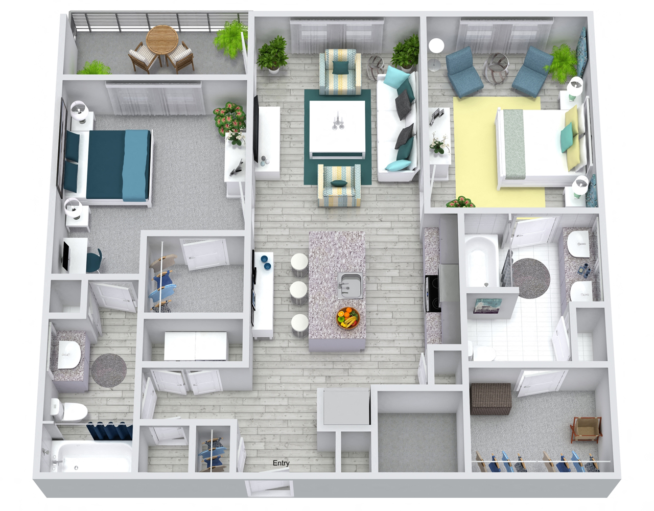 Floor plan for 2 beds, 2 baths, 1055 sqft