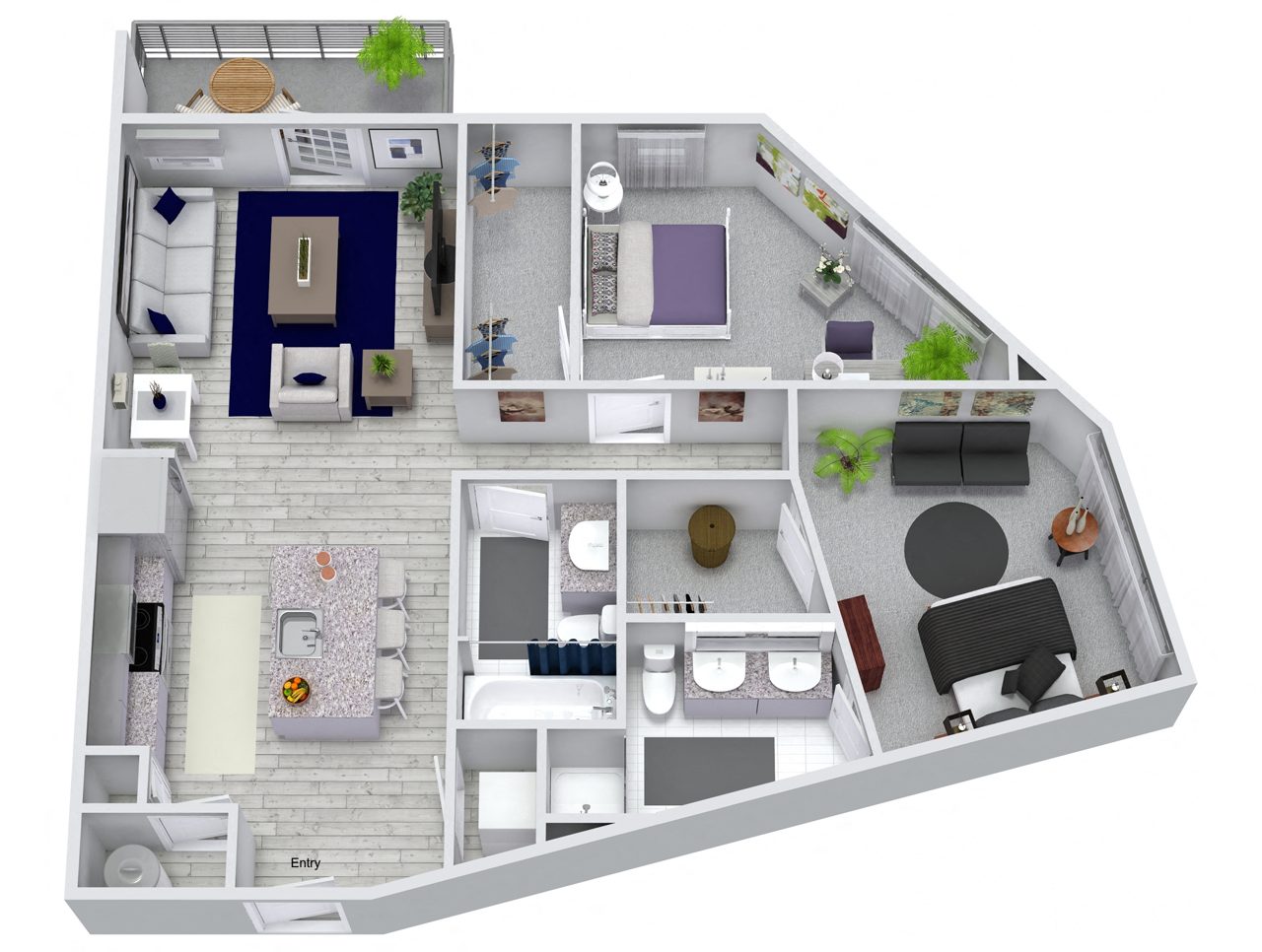 Floor plan for 2 beds, 2 baths, 1077 sqft