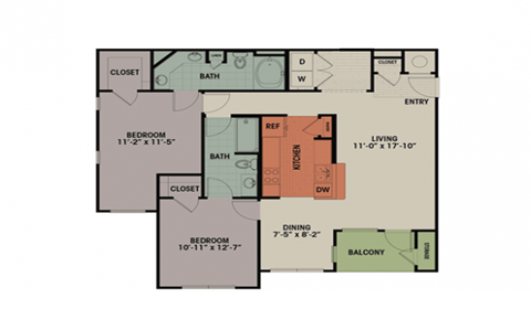 Floor plan for 2 beds, 2 baths, 1165 sqft