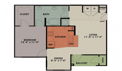 Floor plan for 1 bed, 1 bath, 858 sqft