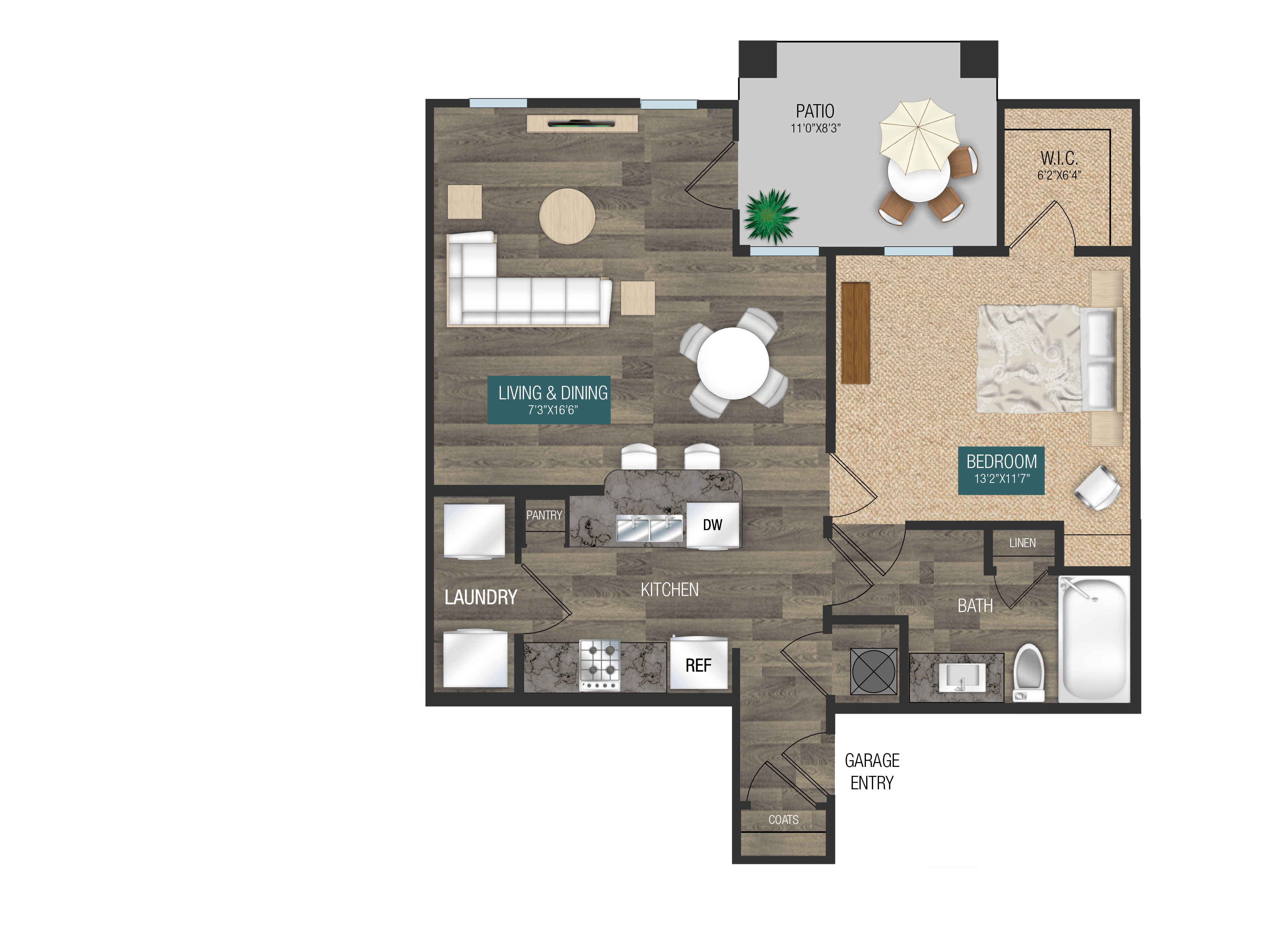 Floor plan for 1 bed, 1 bath, 757 sqft