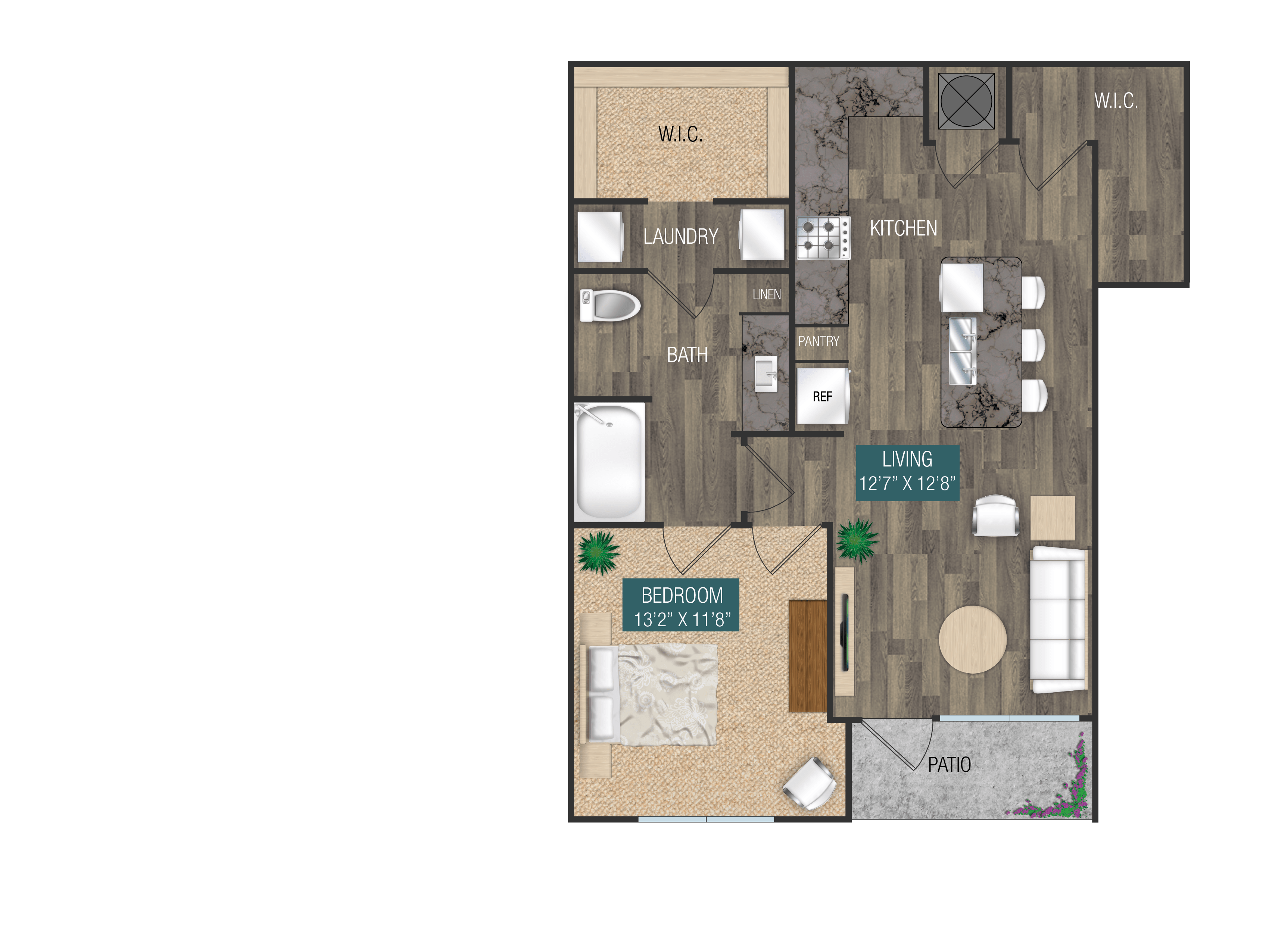 Floor plan for 1 bed, 1 bath, 769 sqft