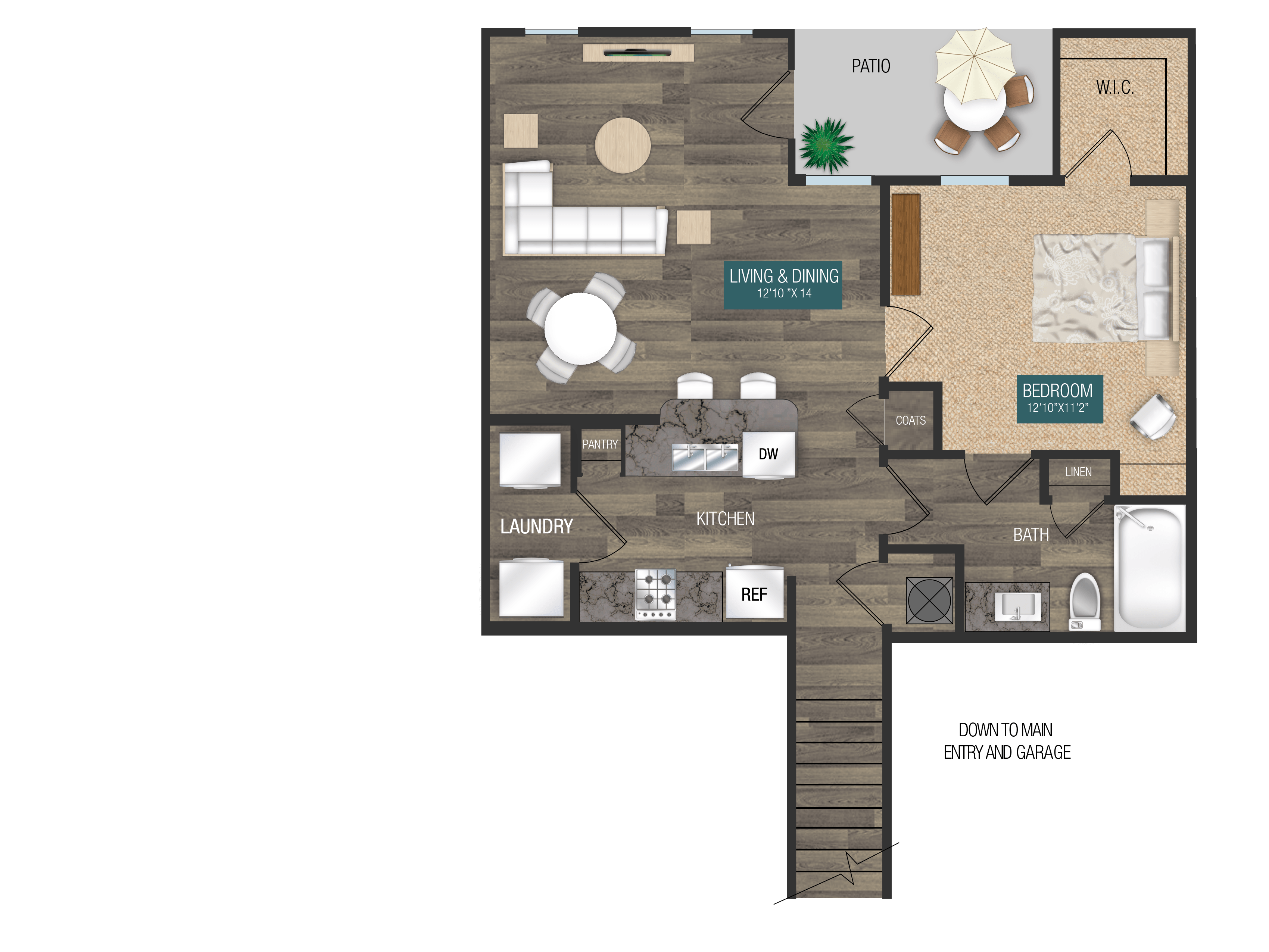 Floor plan for 1 bed, 1 bath, 859 sqft