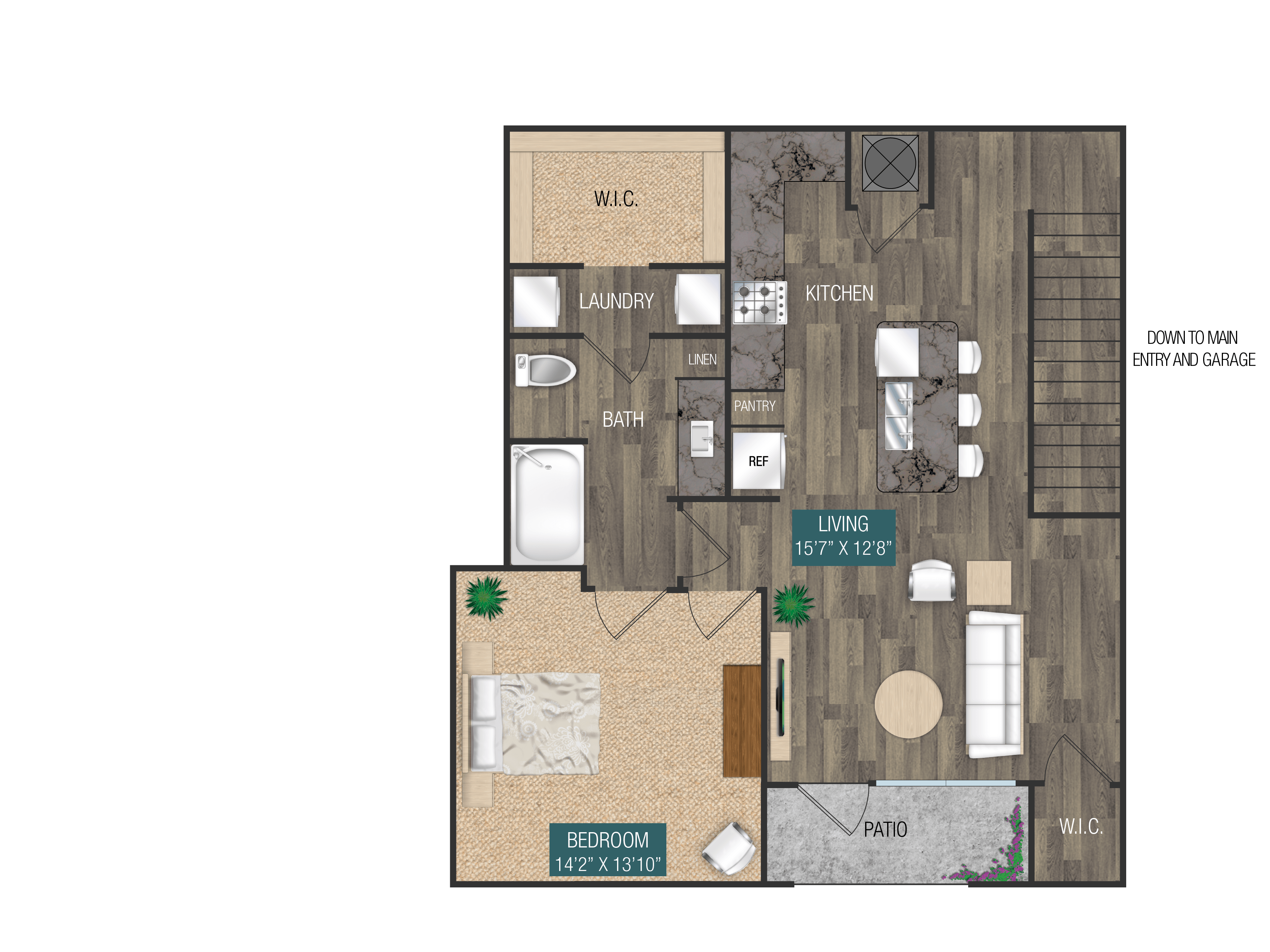 Floor plan for 1 bed, 1 bath, 954 sqft