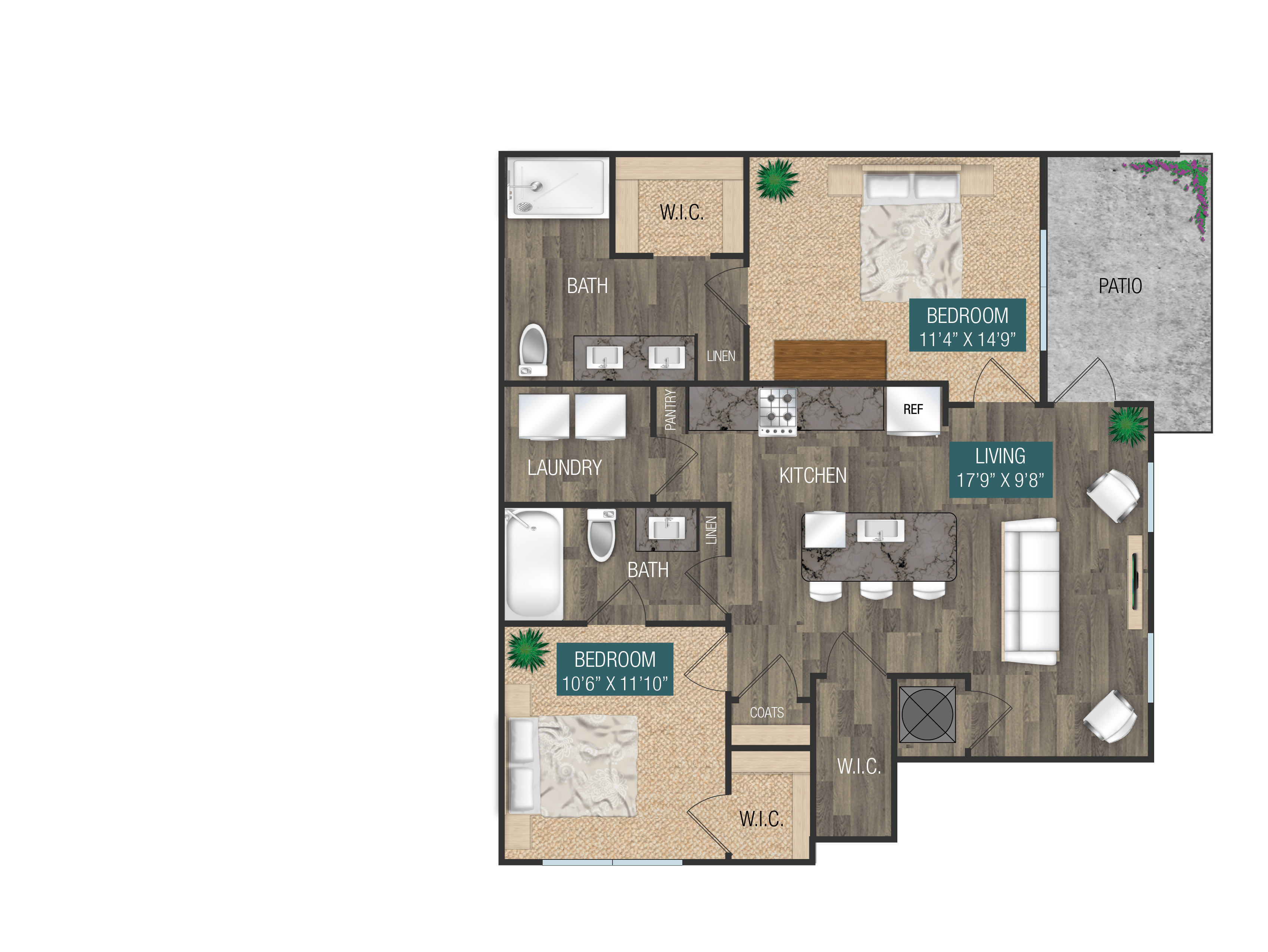 Floor plan for 2 beds, 2 baths, 1024 sqft