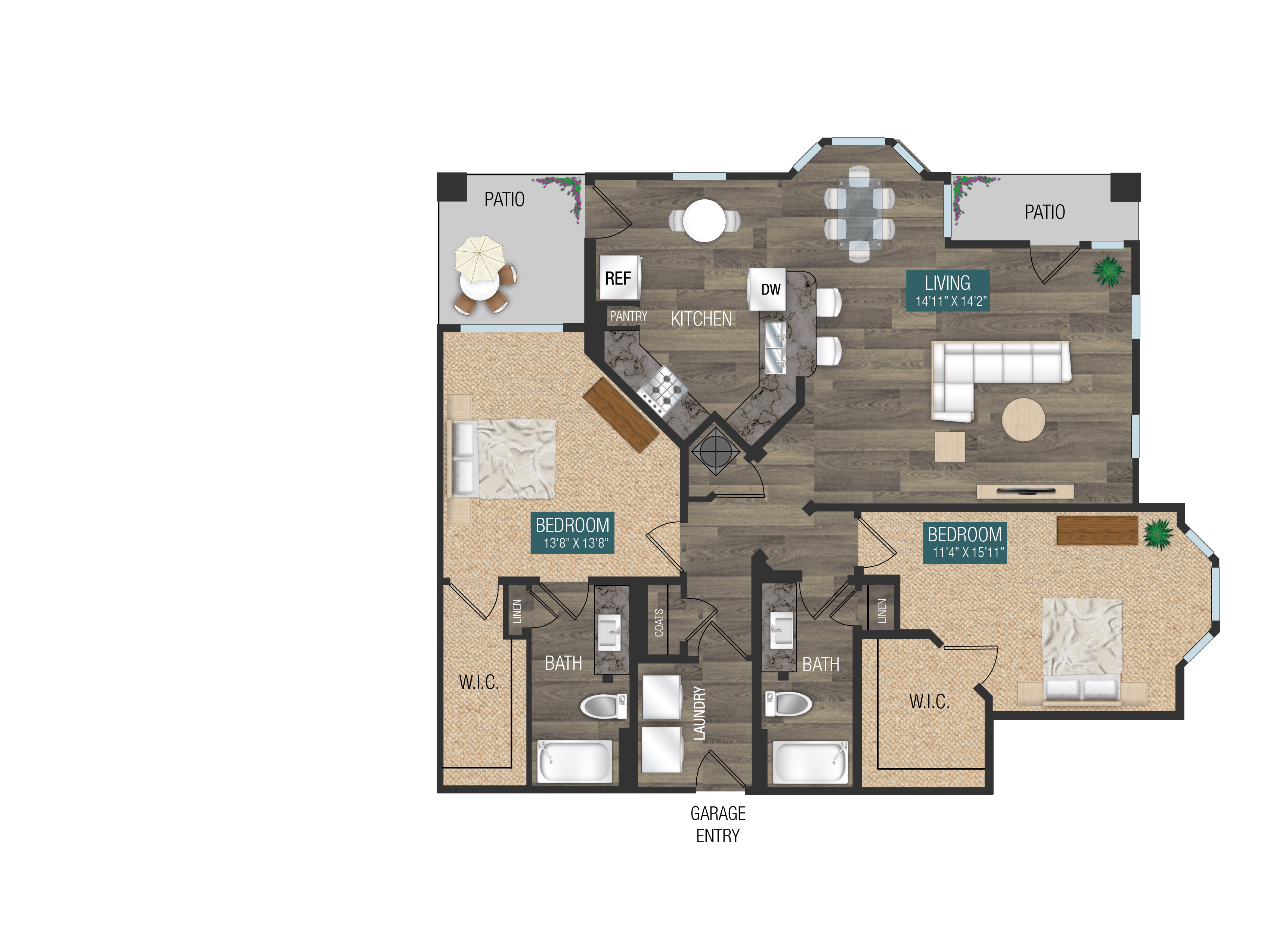 Floor plan for 2 beds, 2 baths, 1299 sqft