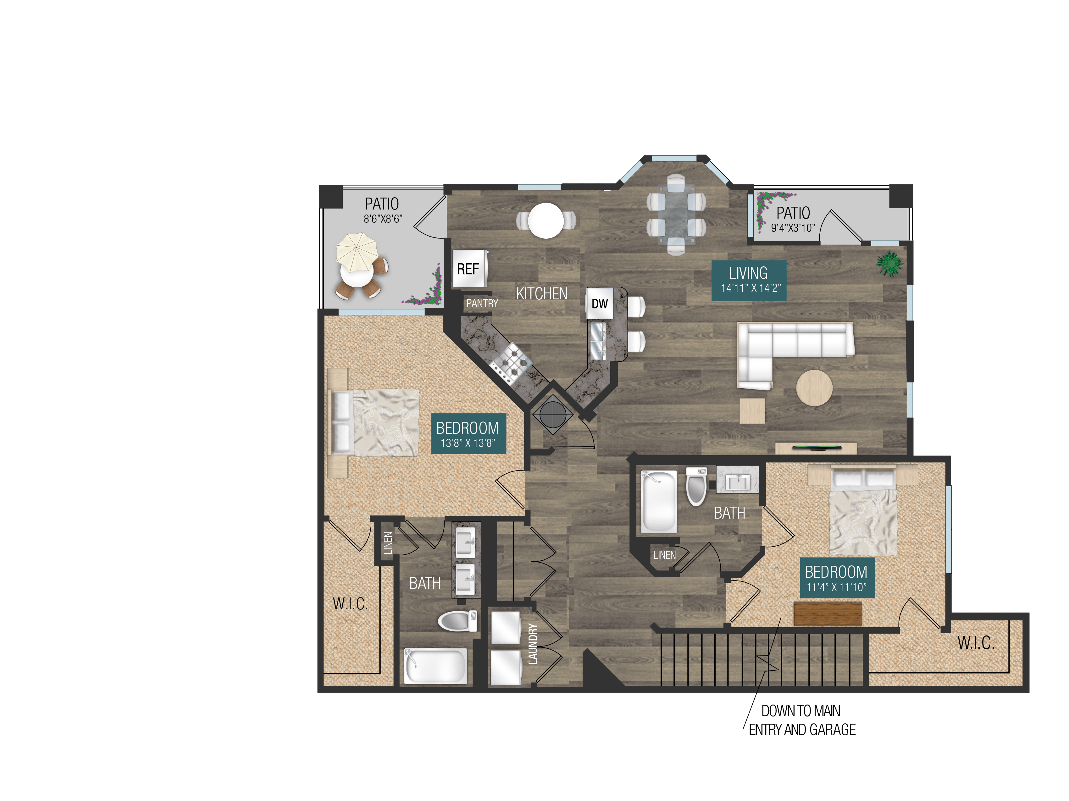 Floor plan for 2 beds, 2 baths, 1389 sqft