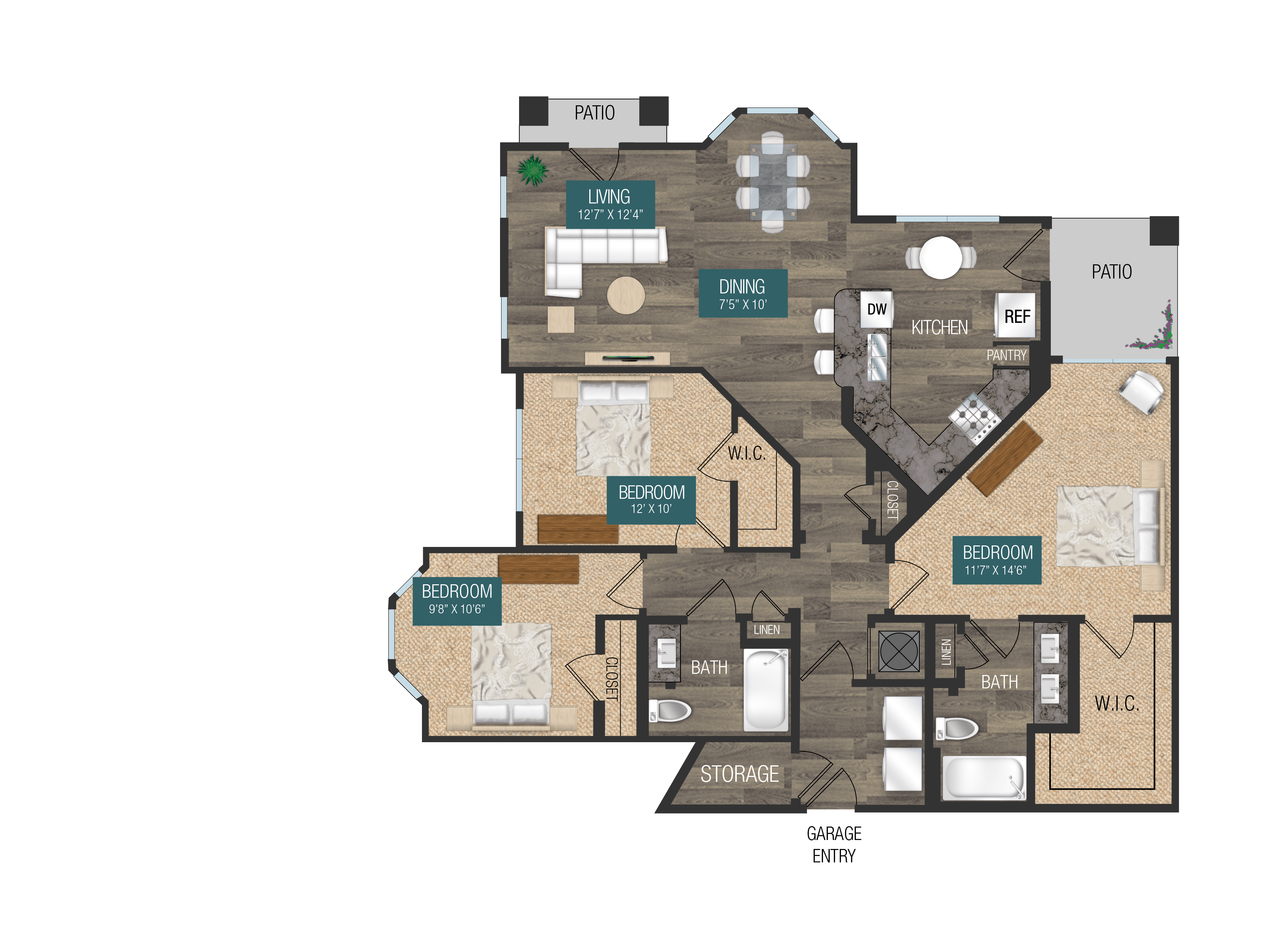 Floor plan for 3 beds, 2 baths, 1376 sqft