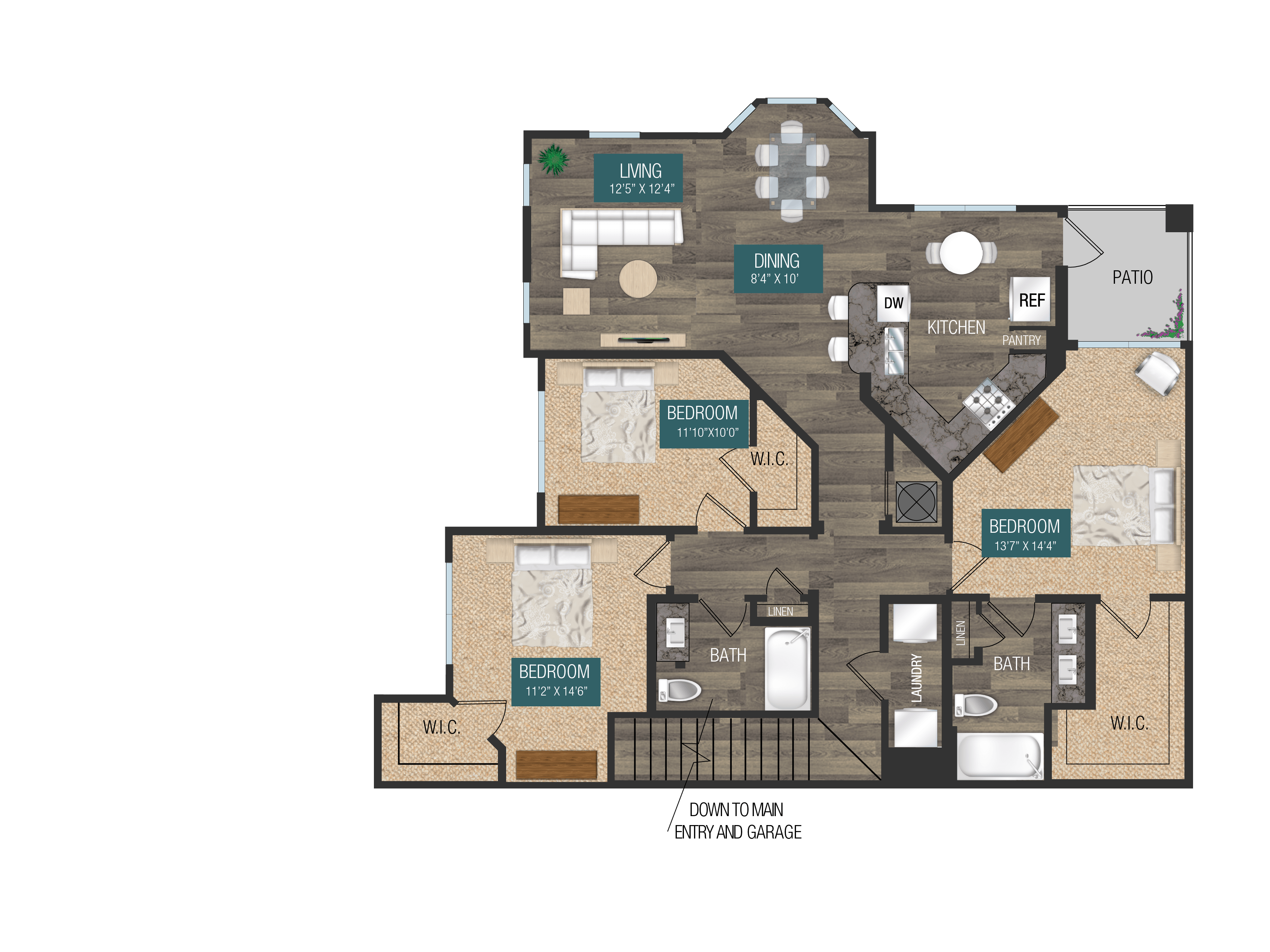 Floor plan for 3 beds, 2 baths, 1477 sqft