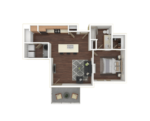 Floor plan for 1 bed, 1 bath, 771 sqft