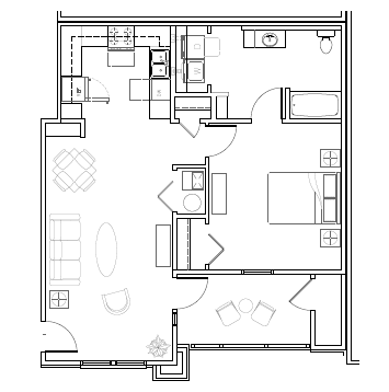 Floor plan for 1 bed, 1 bath, 808 sqft