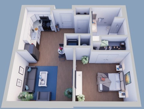 Floor plan for 1 bed, 1 bath, 637 sqft