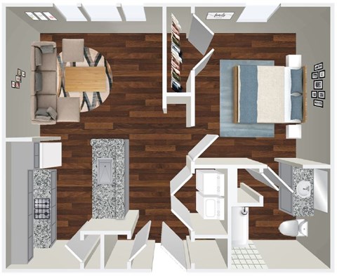 Floor plan for 1 bed, 1 bath, 652 sqft