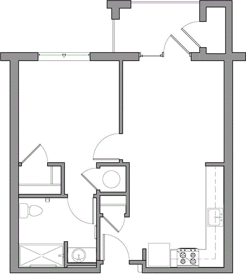 Floor plan for 1 bed, 1 bath, 579 sqft
