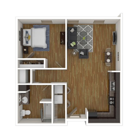 Floor plan for 1 bed, 1 bath, 714 sqft