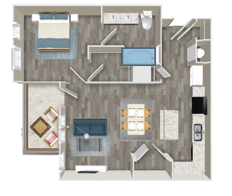 Floor plan for 1 bed, 1 bath, 705 sqft