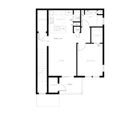 Floor plan for 1 bed, 1 bath, 806 sqft