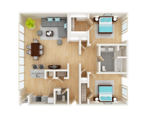 Floor plan for 2 beds, 2 baths, 1029 sqft