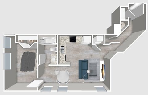 Floor plan for 1 bed, 1 bath, 715 sqft