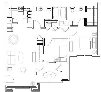 Floor plan for 2 beds, 2 baths, 1031 sqft