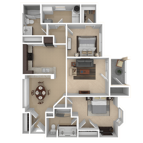 Floor plan for 2 beds, 2 baths, 1044 sqft