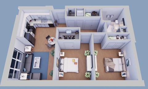 Floor plan for 2 beds, 1 bath, 877 sqft