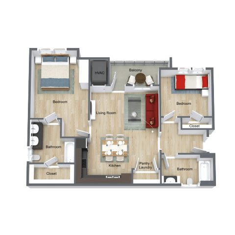 Floor plan for 2 beds, 2 baths, 985 sqft