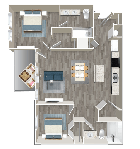 Floor plan for 2 beds, 2 baths, 948 sqft