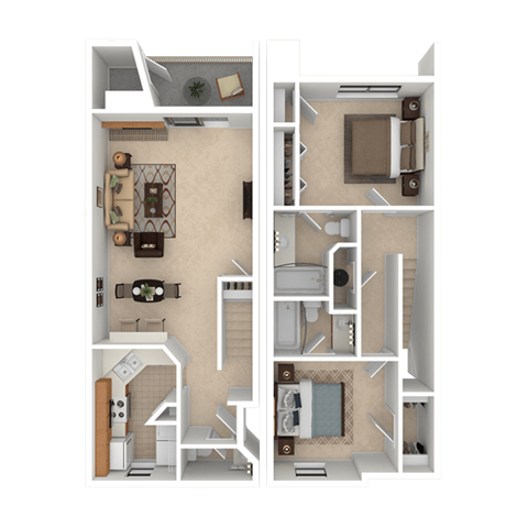 Floor plan for 2 beds, 2.5 baths, 1170 sqft