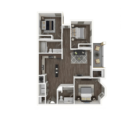 Floor plan for 3 beds, 2 baths, 1117 sqft