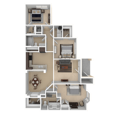 Floor plan for 3 beds, 2 baths, 1160 sqft