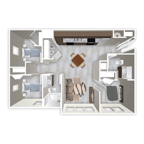 Floor plan for 3 beds, 2 baths, 1051 sqft