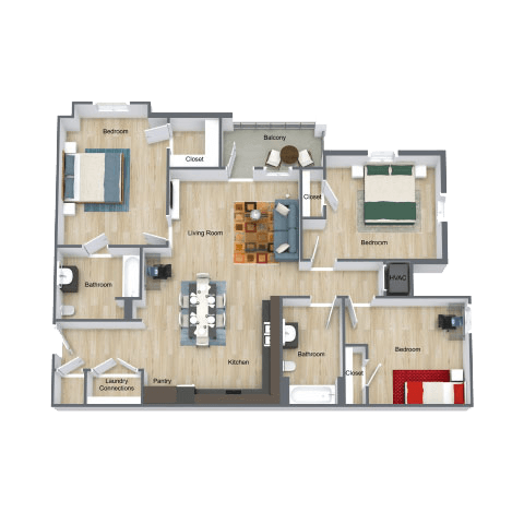 Floor plan for 3 beds, 2 baths, 1186 sqft