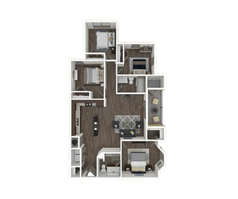Floor plan for 4 beds, 2 baths, 1296 sqft