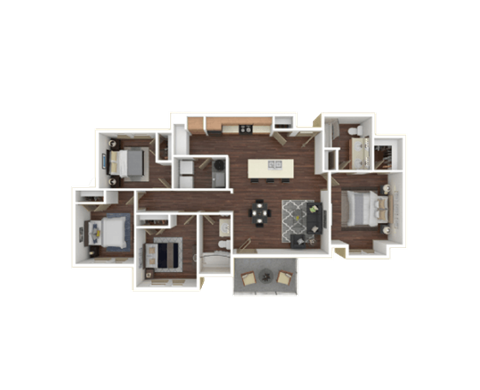 Floor plan for 4 beds, 2 baths, 1312 sqft