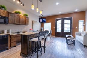 Carrollton apartment for rent - A kitchen with wooden cabinets and a bar area with stools.