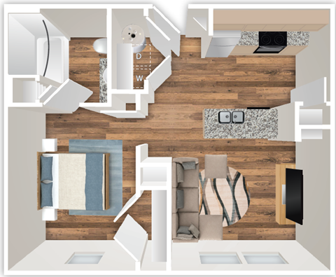 Floor plan for 1 bed, 1 bath, 650 sqft