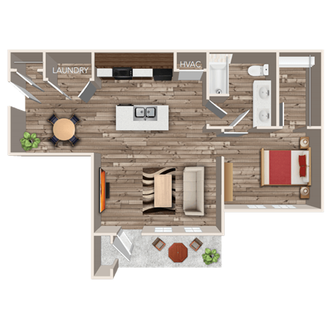 Floor plan for 1 bed, 1 bath, 762 sqft