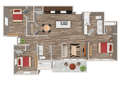 Floor plan for 3 beds, 2 baths, 1159 sqft