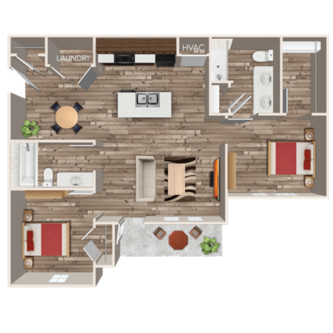 Floor plan for 2 beds, 2 baths, 958 sqft