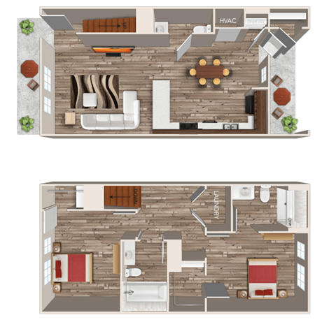 Floor plan for 2 beds, 2.5 baths, 1175 sqft