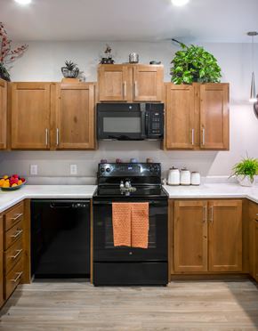 Kerrville apartment for rent - A kitchen with wooden cabinets and a black stove top oven.