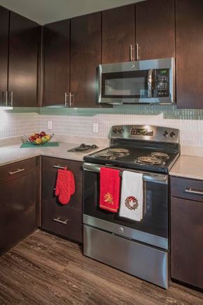 Austin apartment for rent - A modern kitchen with a stove top oven and microwave above it.