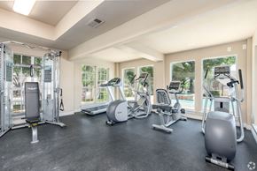 Euless apartment for rent - A spacious gym with a variety of equipment including treadmills, elliptical machines, and a weight machine.